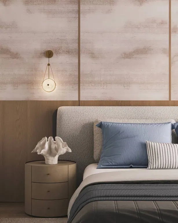 3D visualisation: bedside with a round chest, a wall light on a strap and cloud-print wall panels