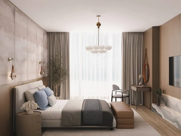 3D visualisation: guest bedroom side view with a writing desk by the window