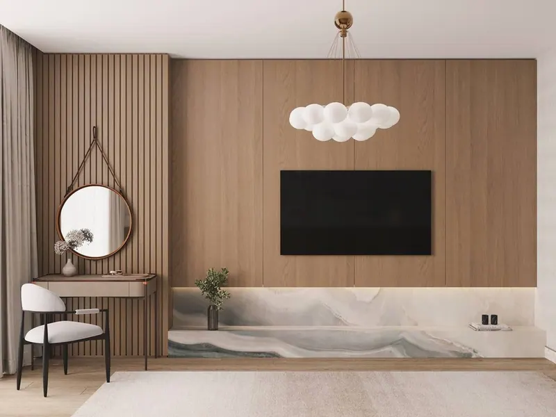 3D visualisation: oak TV wall with a backlit onyx-look shelf and a slatted dressing corner