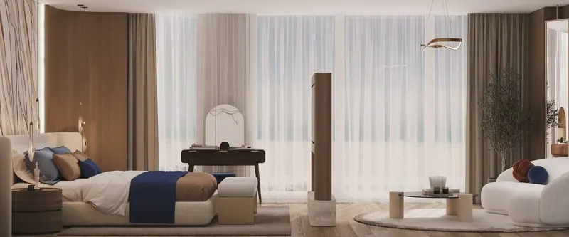 3D visualisation: master suite panorama with sheer curtains across the sea-facing windows