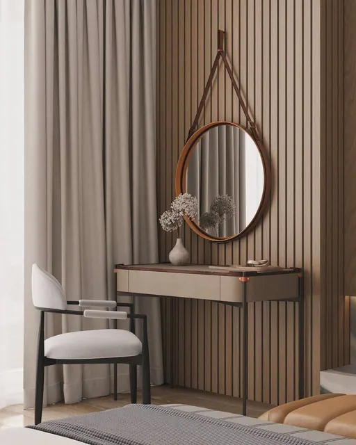 3D visualisation: dressing table against oak slats with a round mirror on a leather strap